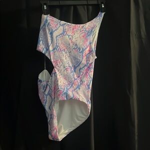 Aqua Pink and Blue Bodysuit One Piece with Artistic Marbled Design